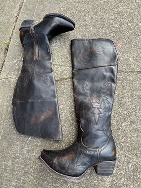 freebird Black Leather Embroidered Knee-High Heeled Boots